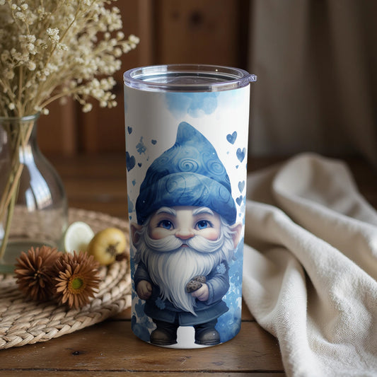 Cute Gnome Art on Blue Heart Background Tumbler