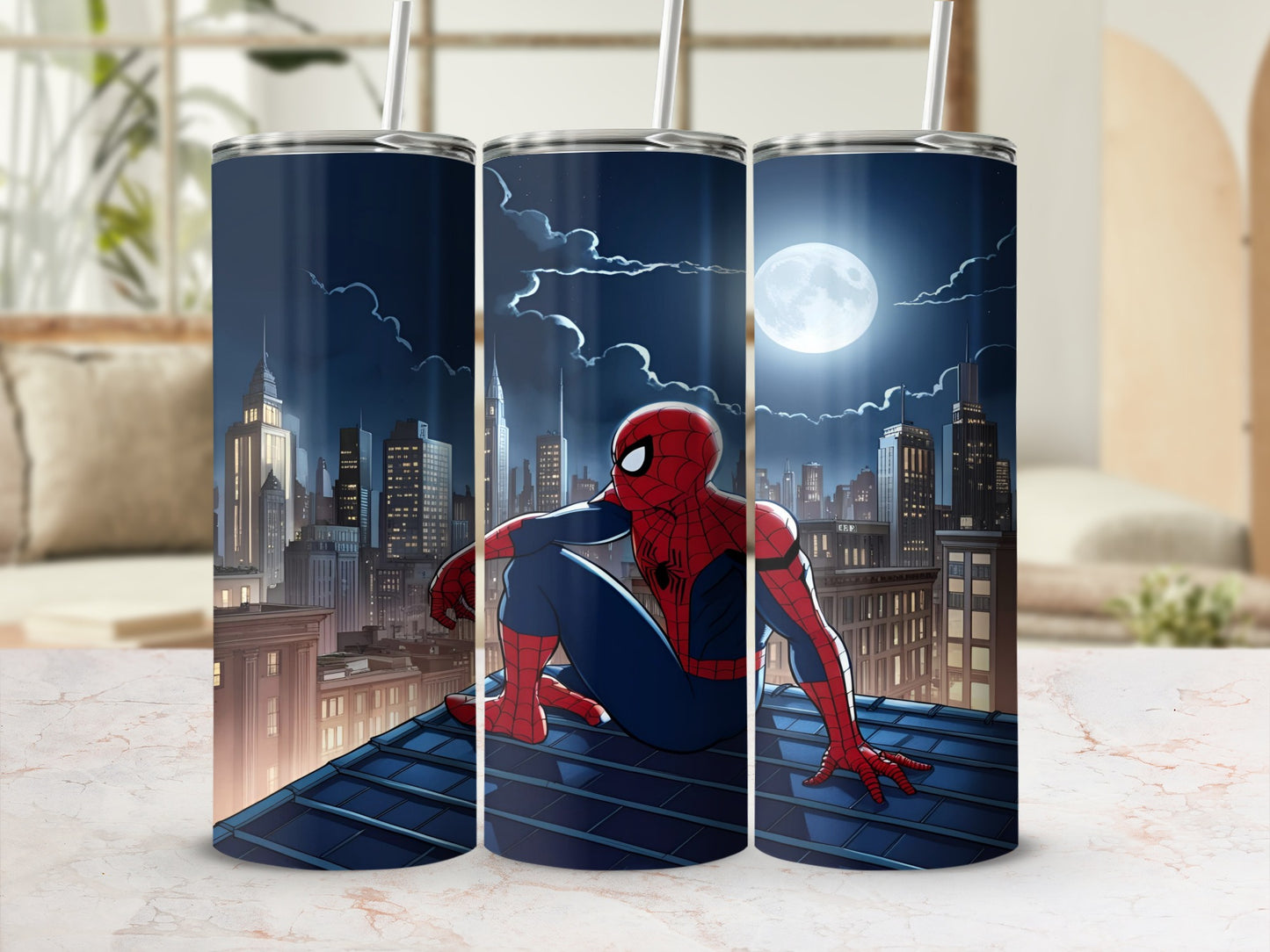 Spiderman sitting on a rooftop overlooking a city at night.