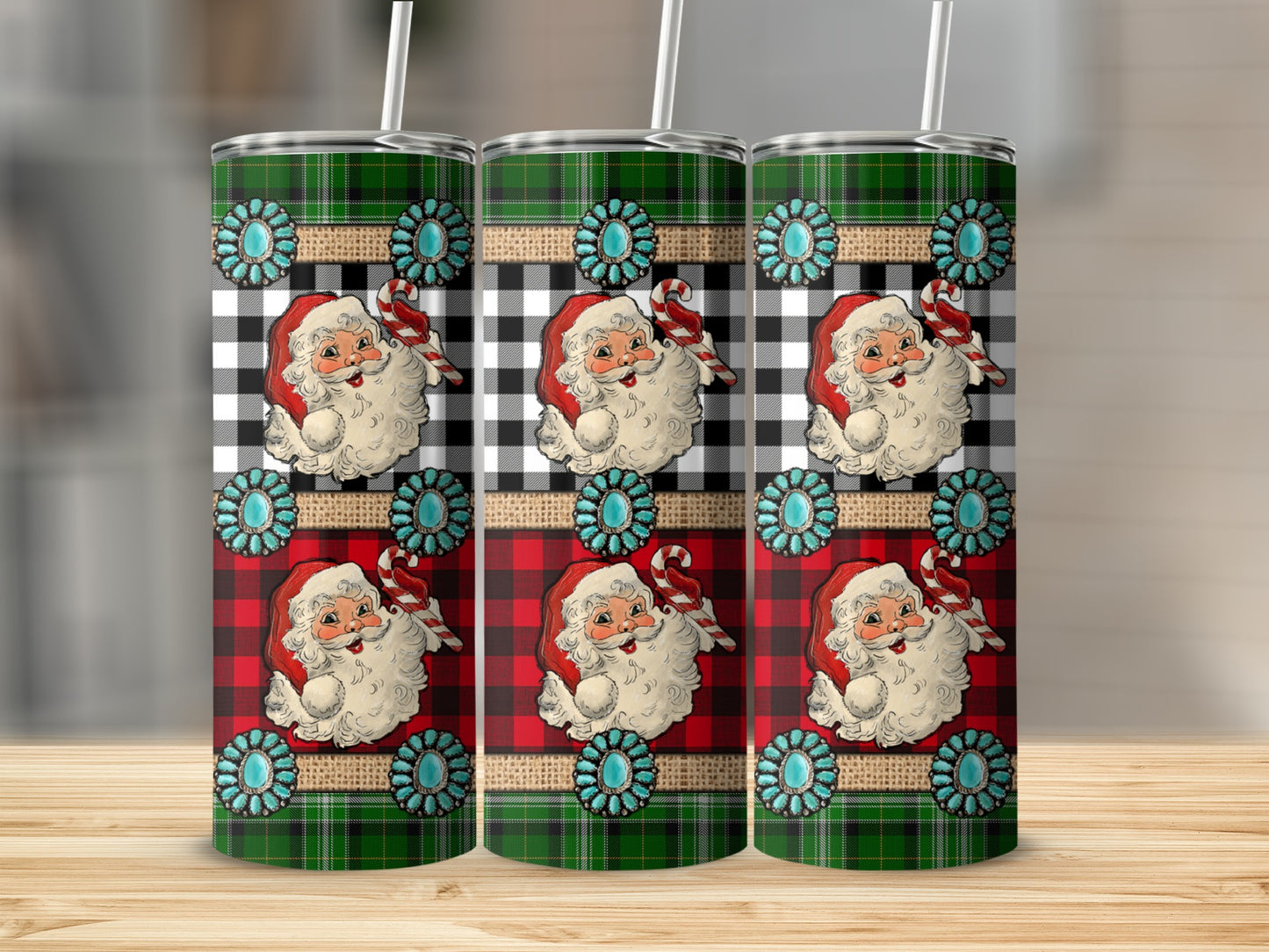 Three Santa Claus tumblers with buffalo plaid and turquoise accents.