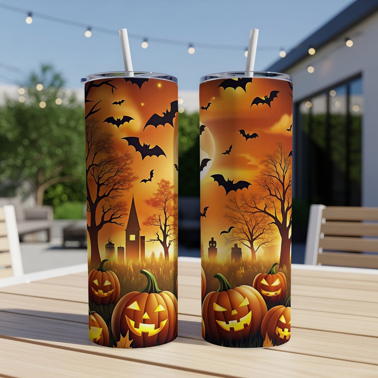 Two Halloween-themed tumblers with jack-o'-lanterns, bats, and a spooky graveyard scene.