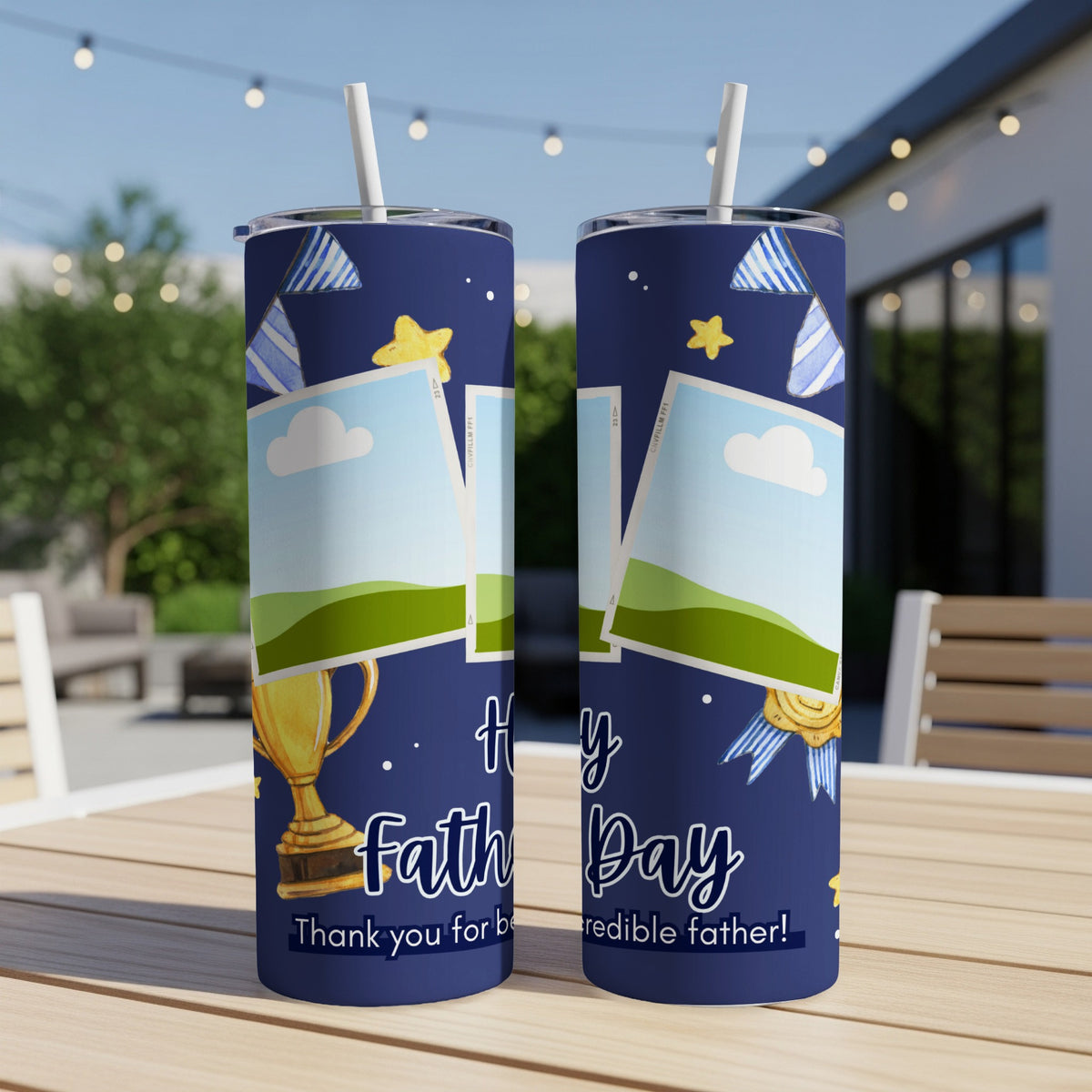 Two blue tumblers with "Happy Father Day" and "Thank you for being incredible father!".