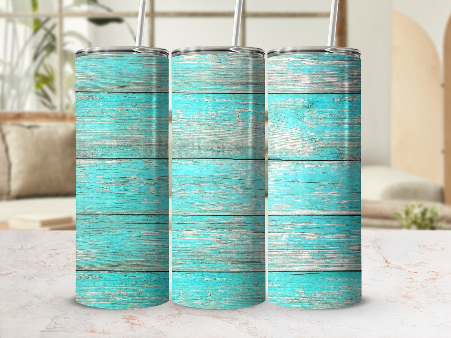 Three tumblers with turquoise distressed wood grain pattern.