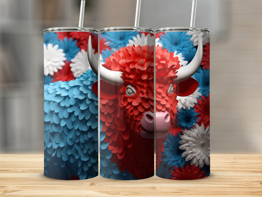 Red, white, and blue patriotic bull tumbler with straw.