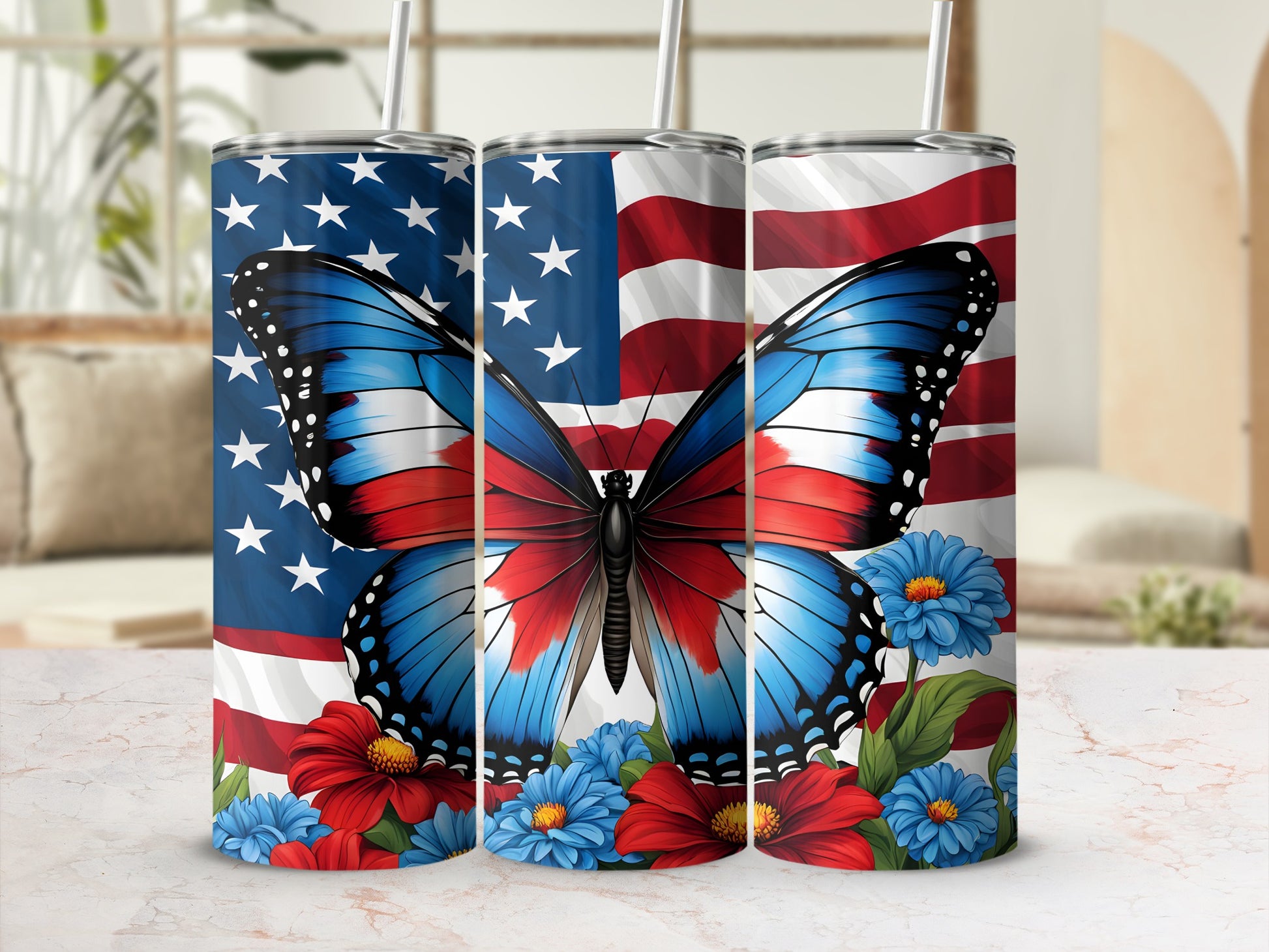 Three tumblers featuring a butterfly and American flag design.