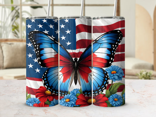 Three tumblers featuring a butterfly and American flag design.