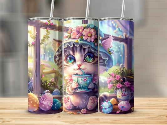 Cute cat wearing a floral hat drinks from a mug, surrounded by Easter eggs.