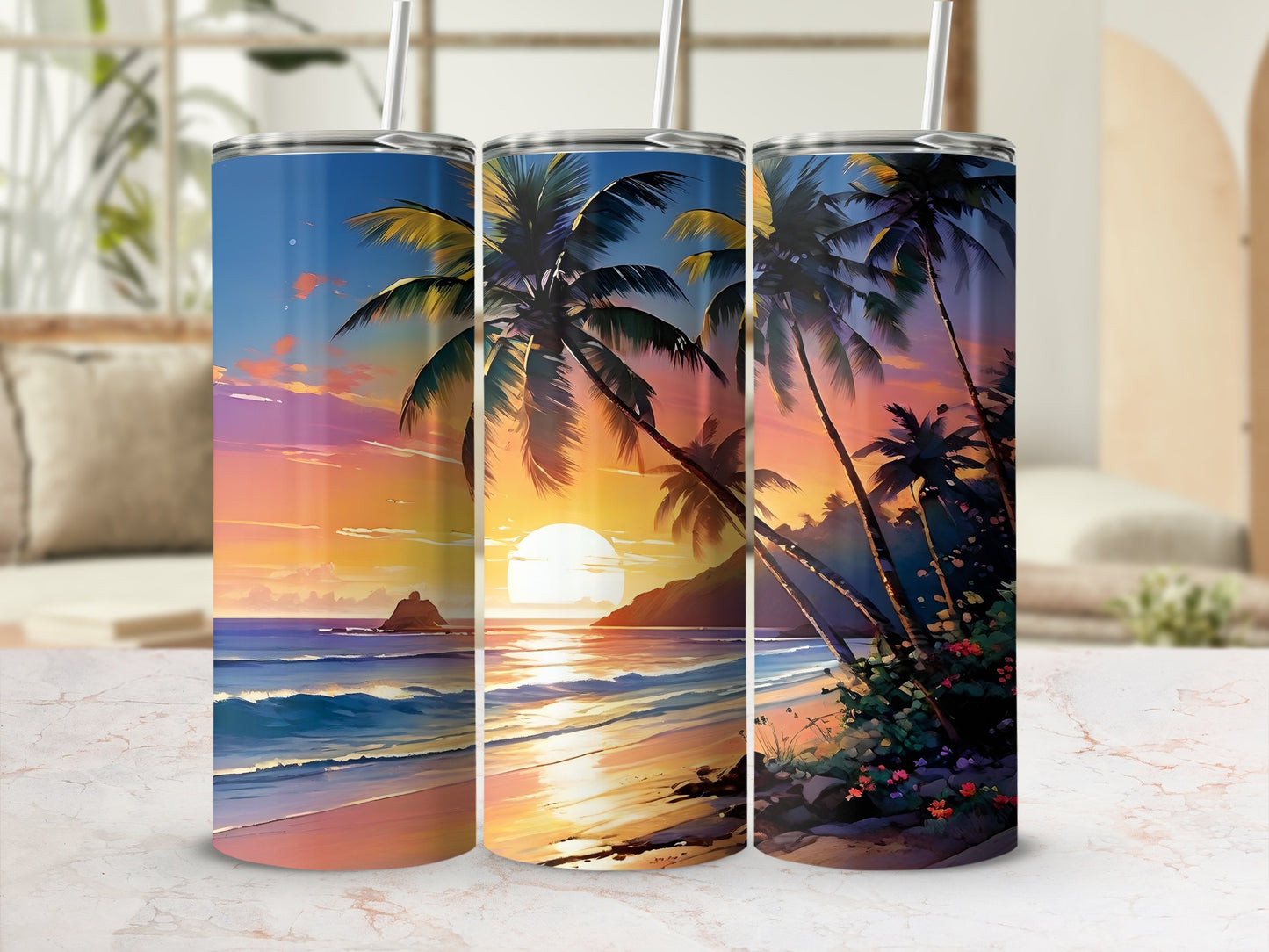 Beach sunset with palm trees and ocean scene on three tumblers.