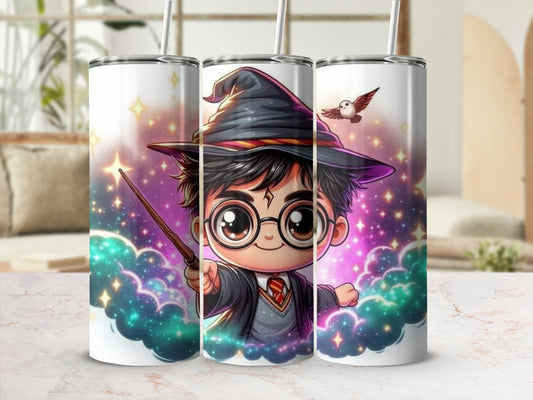 Cute Wizard Character with Wand and Owl Tumbler