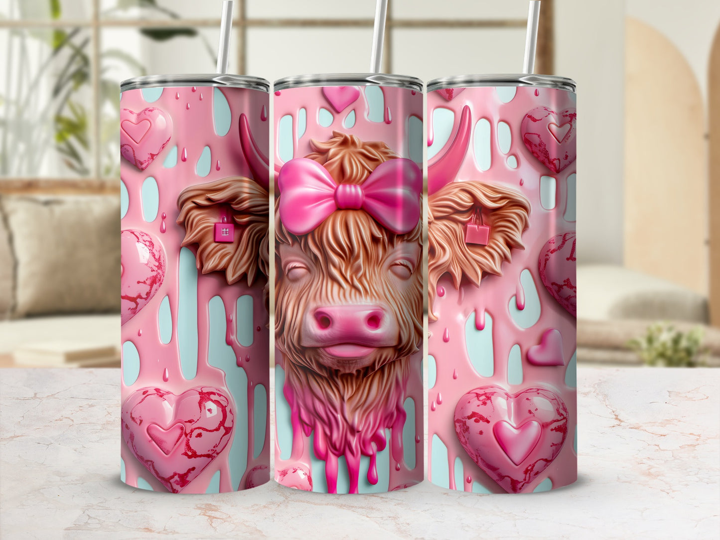Pink tumbler with Highland cow and hearts design.