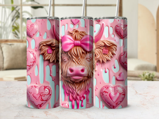 Pink tumbler with Highland cow and hearts design.
