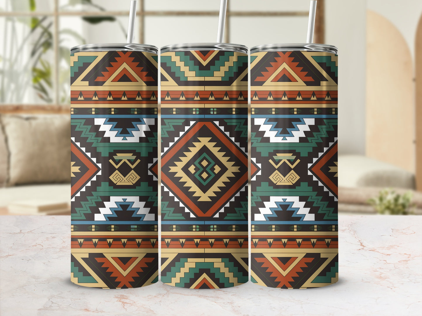 Three identical tumblers with geometric Native American-inspired patterns.