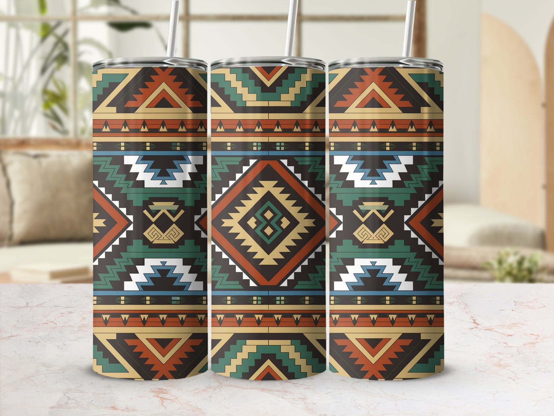 Three identical tumblers with geometric Native American-inspired patterns.