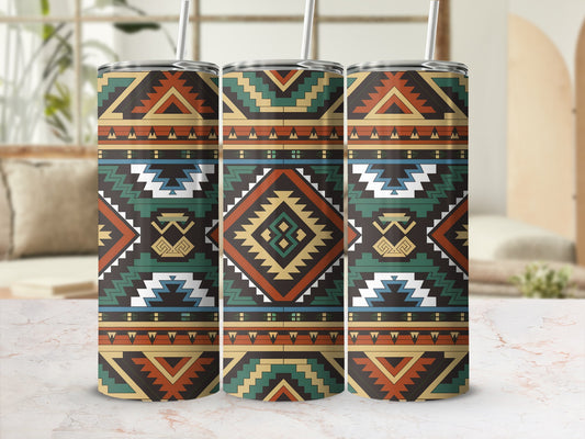 Three identical tumblers with geometric Native American-inspired patterns.