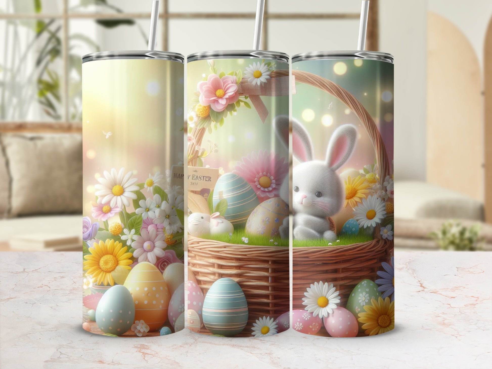 Easter bunny and eggs in basket with floral decorations and "Happy Easter" text.