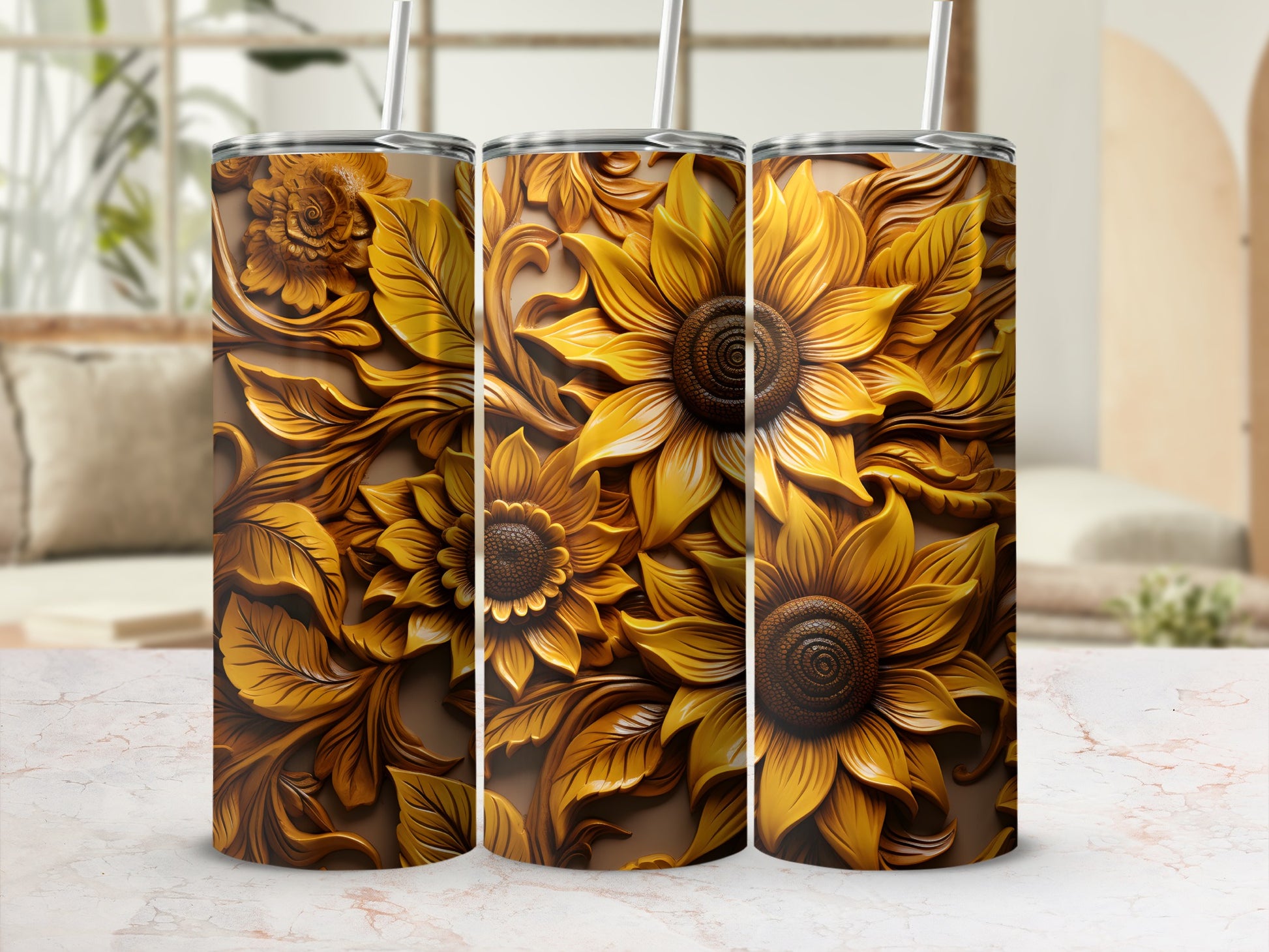 Triptych of embossed sunflowers and leaves on a brown textured tumbler.