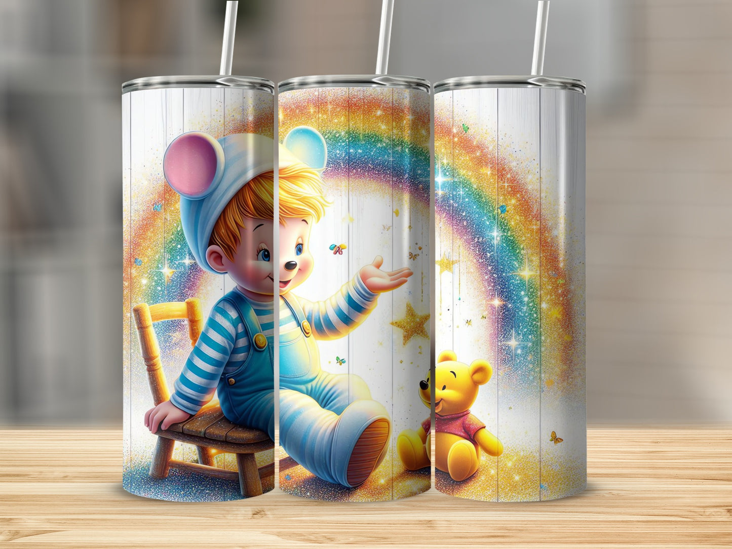 Boy in Mouse Hat with Winnie Rainbow Design Tumblers
