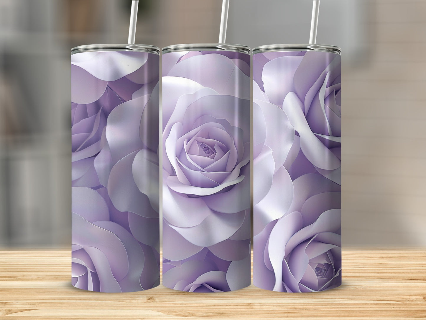Three tumblers with a close-up floral pattern of pale purple roses.