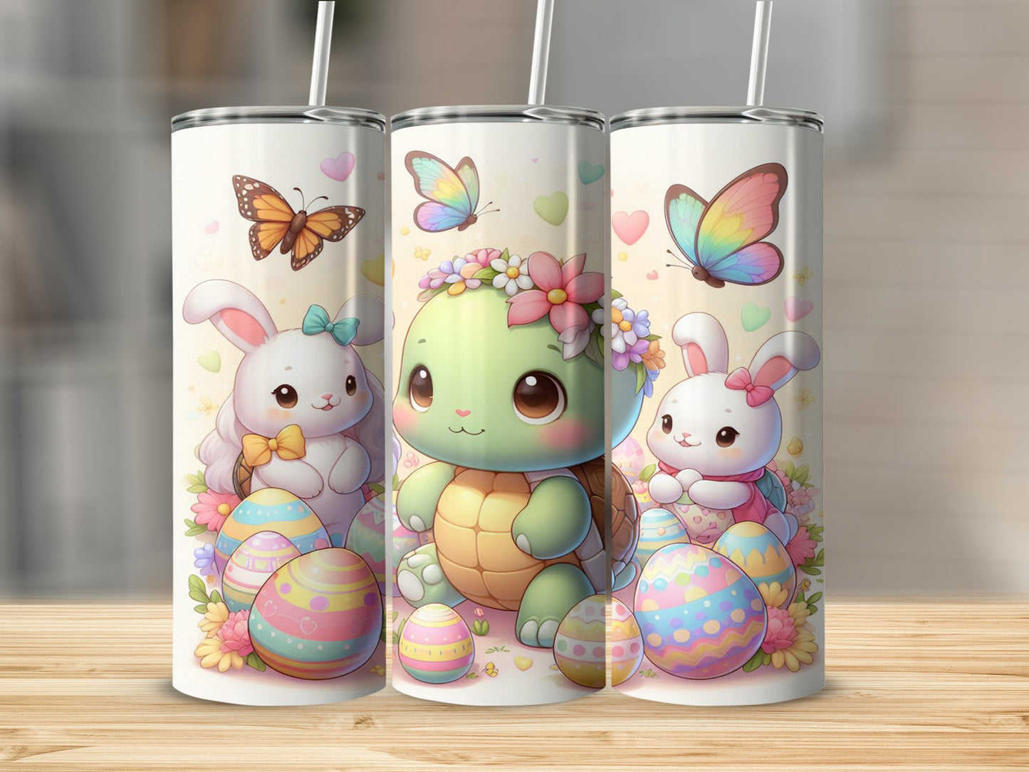 Three Easter-themed tumblers featuring a turtle and two bunnies with colorful eggs and butterflies.