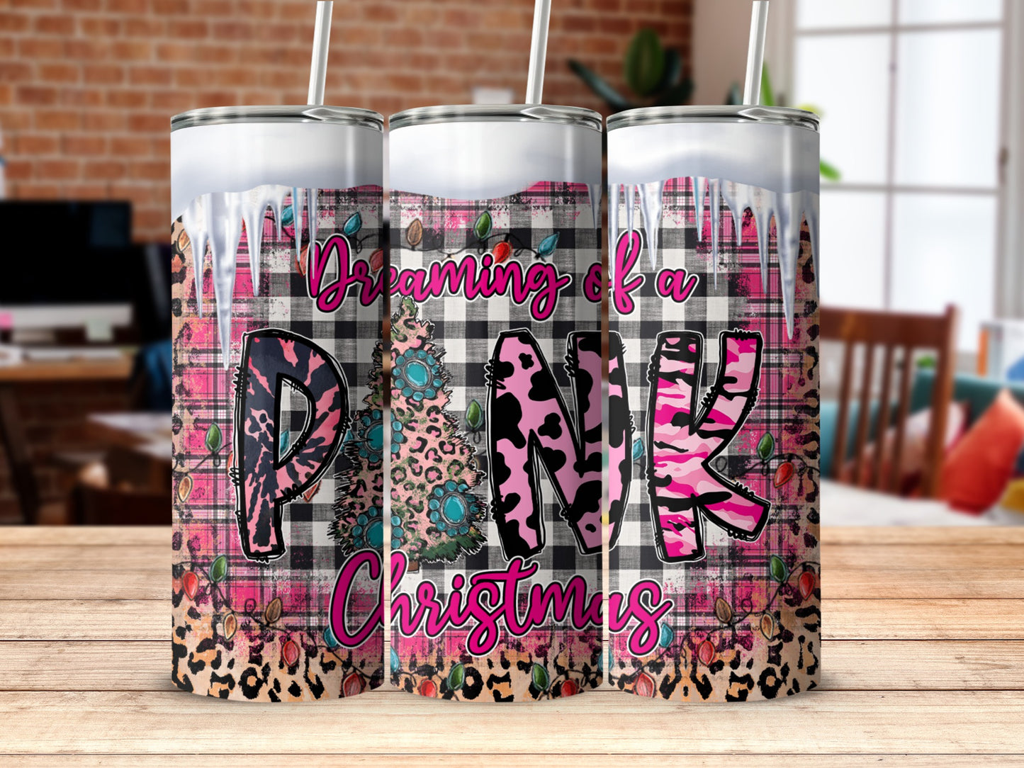Pink buffalo plaid Christmas tumbler with leopard print and fairy lights.