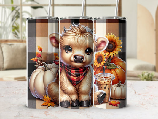 Cute baby cow with plaid bandana, pumpkins, and sunflowers on a tumbler.