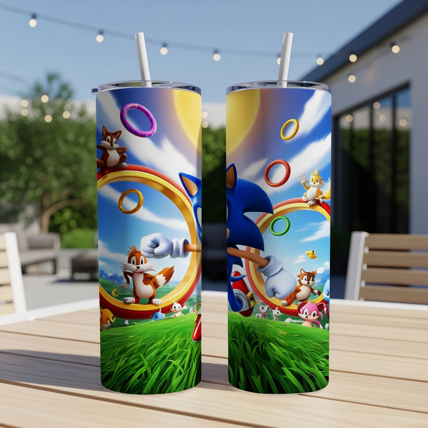 Sonic the Hedgehog and Tails running through golden rings on a tumbler.