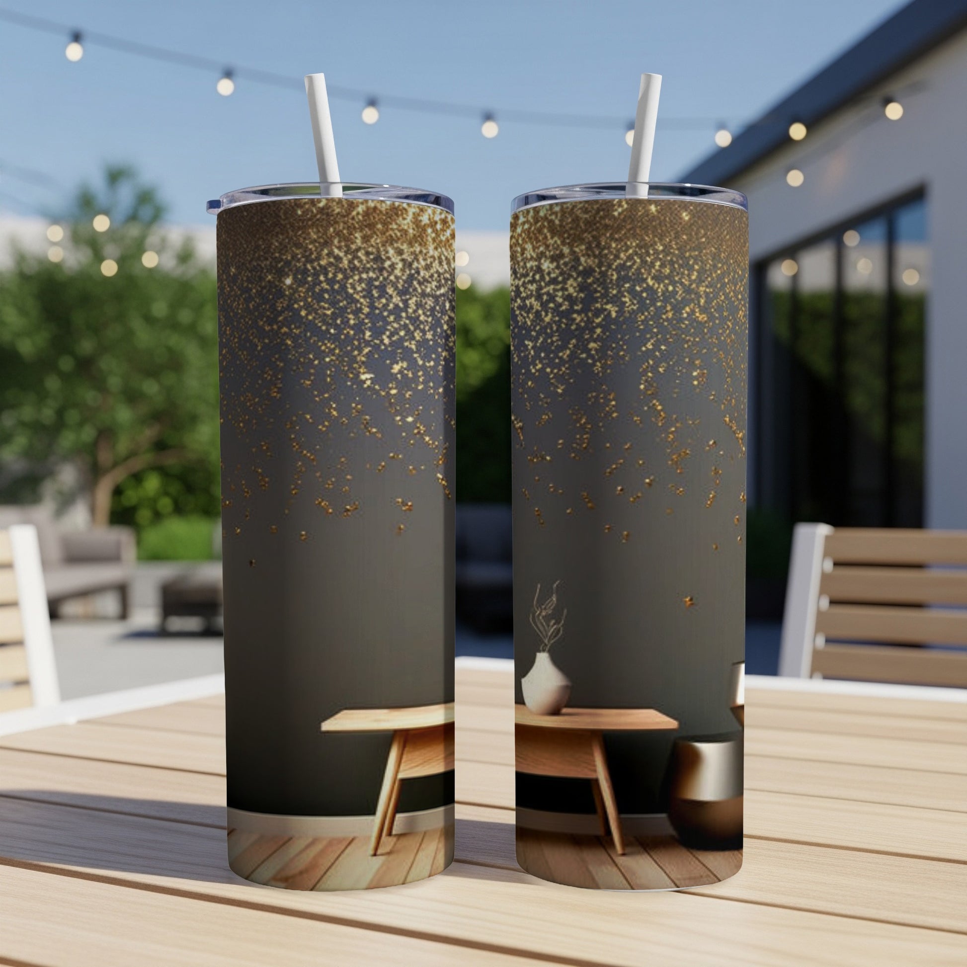 Two tumblers with gold glitter on a table, featuring a minimalist vase and bowl.