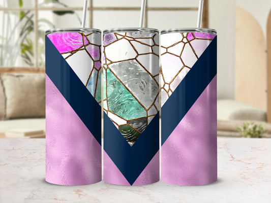 Three pink tumblers with geometric mosaic and navy blue chevron designs.