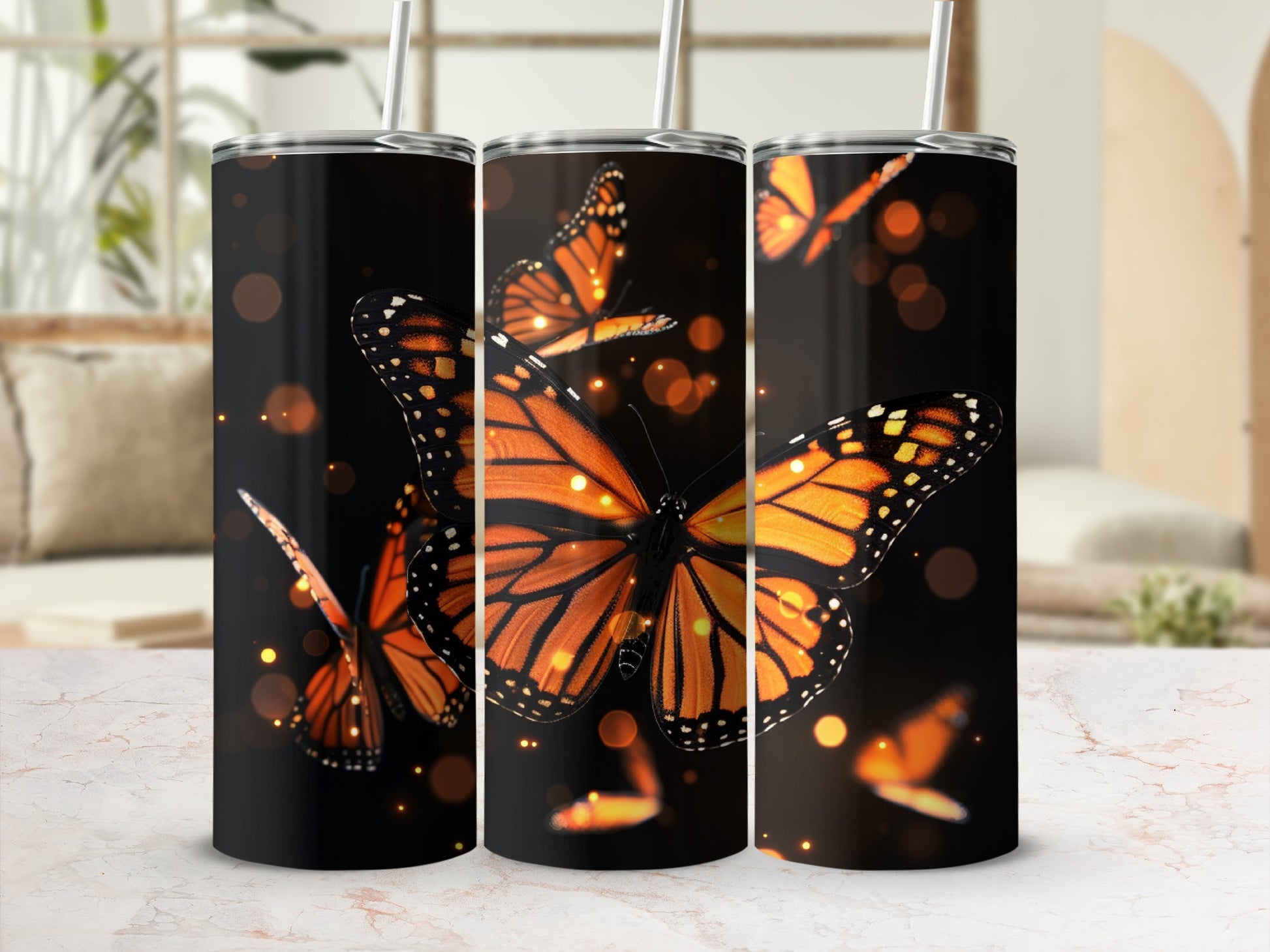 Orange monarch butterflies on a black background with blurred bokeh lights.