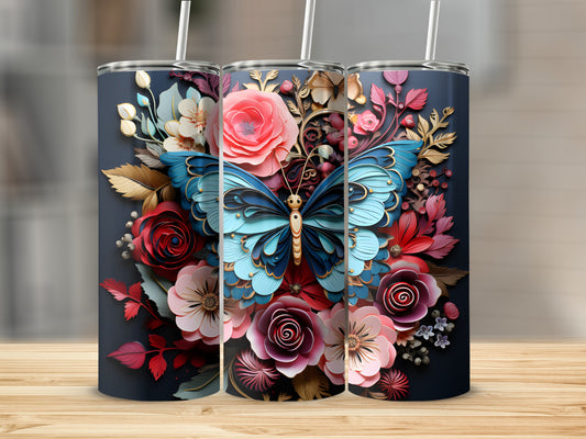 Dark tumbler with a large blue butterfly and floral accents.