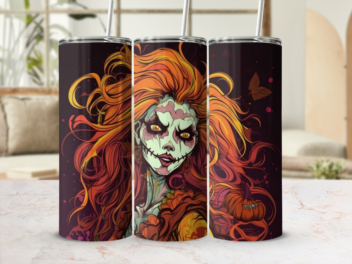 Three tumblers with a spooky zombie woman and pumpkin Halloween design.