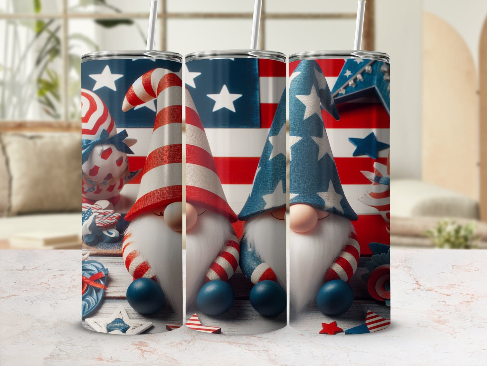 Two patriotic gnomes with American flag hats and beards.