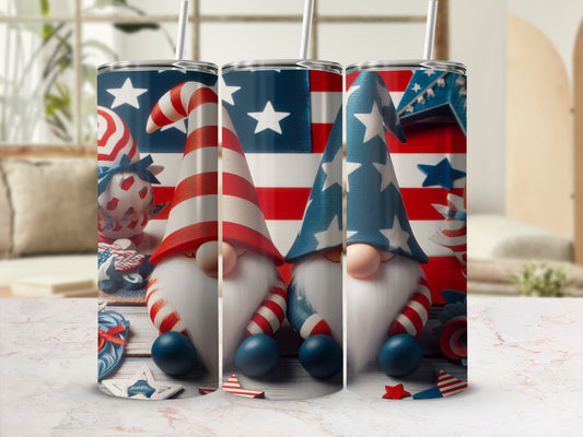 Two patriotic gnomes with American flag hats and beards.