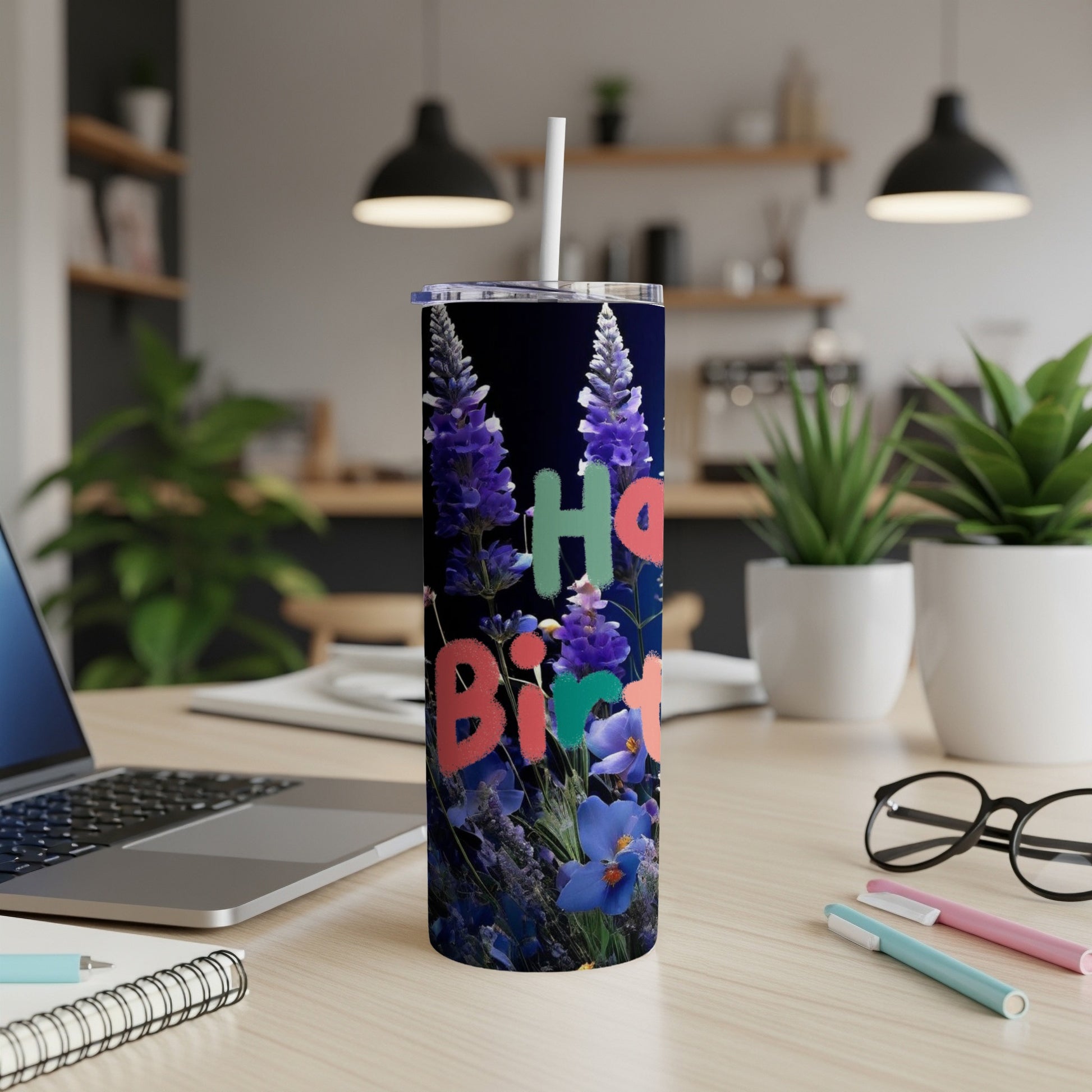 Tall tumbler with floral design and "Happy Birthday" text.