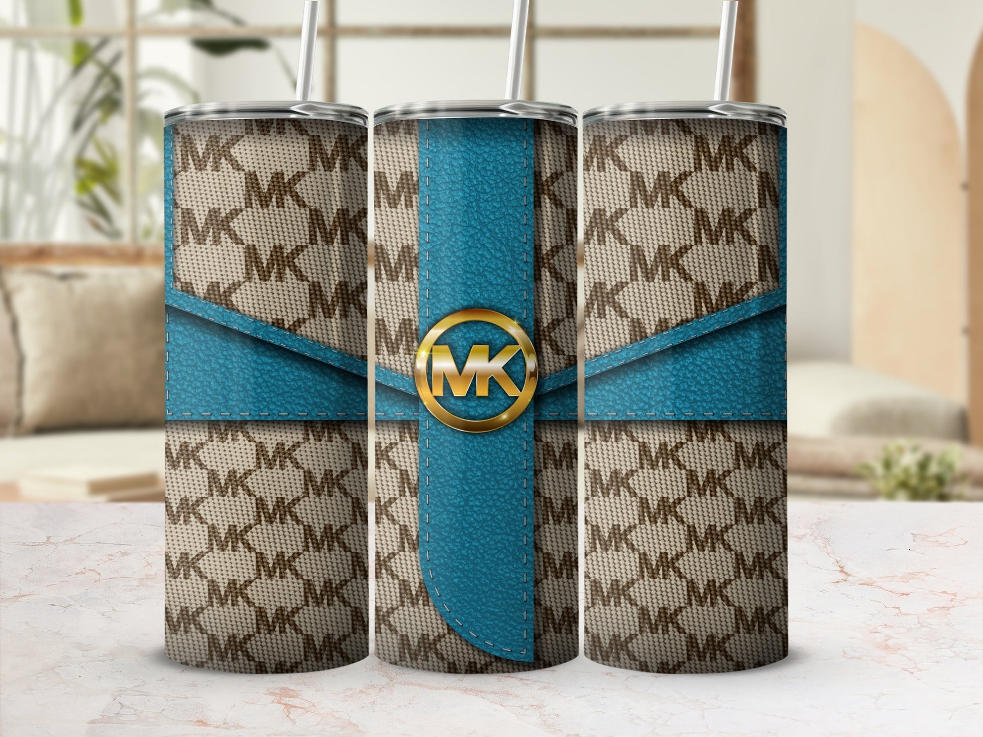 Stylish Blue and Beige Patterned MK Insulated Tumbler