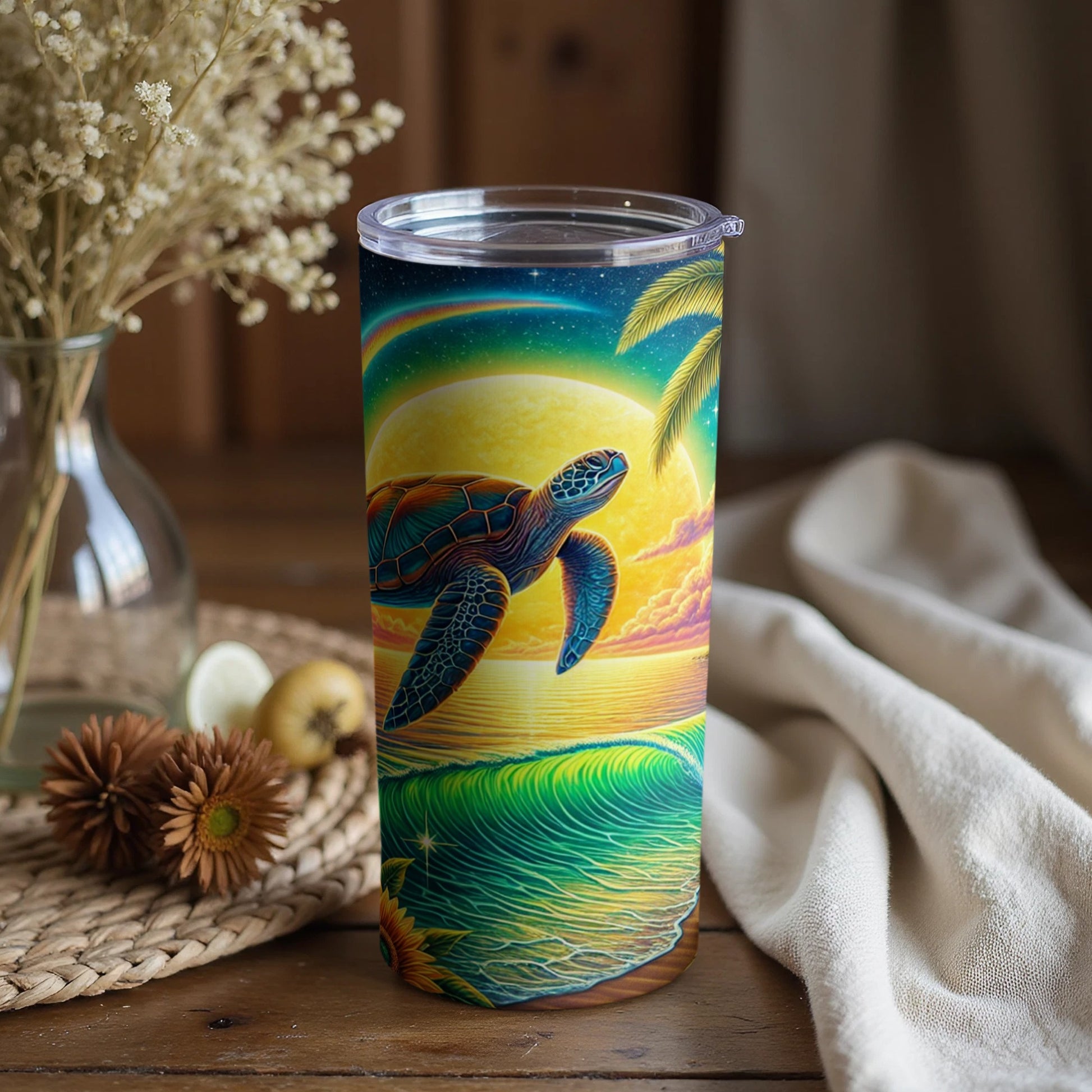 Vibrant Sea Turtle Ocean Sunset Travel Tumbler