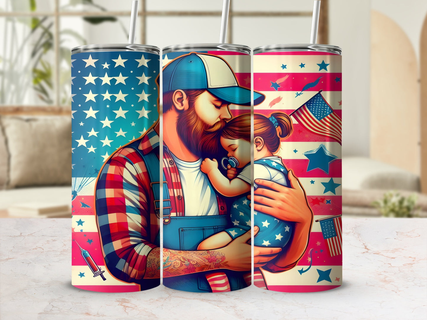 Man holding baby with American flag pattern on tumbler.