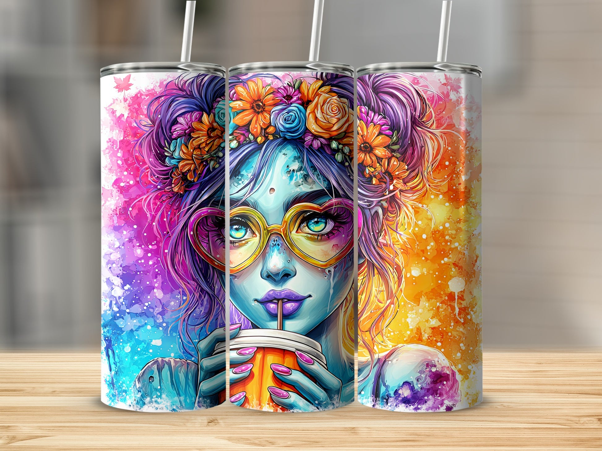 Colorful Floral Art Tumbler with Drink Design