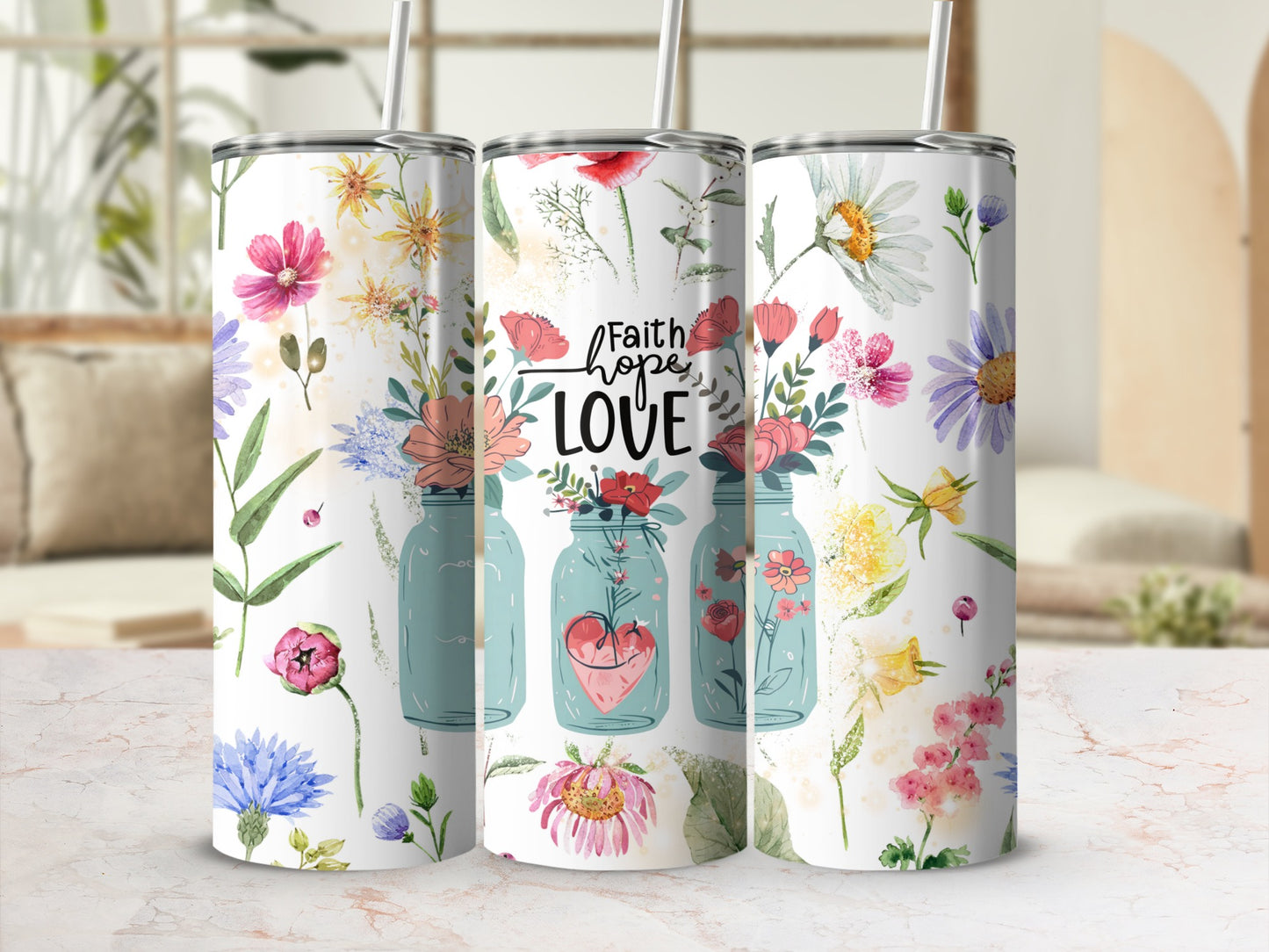 Faith Hope Love Floral Design Tumbler