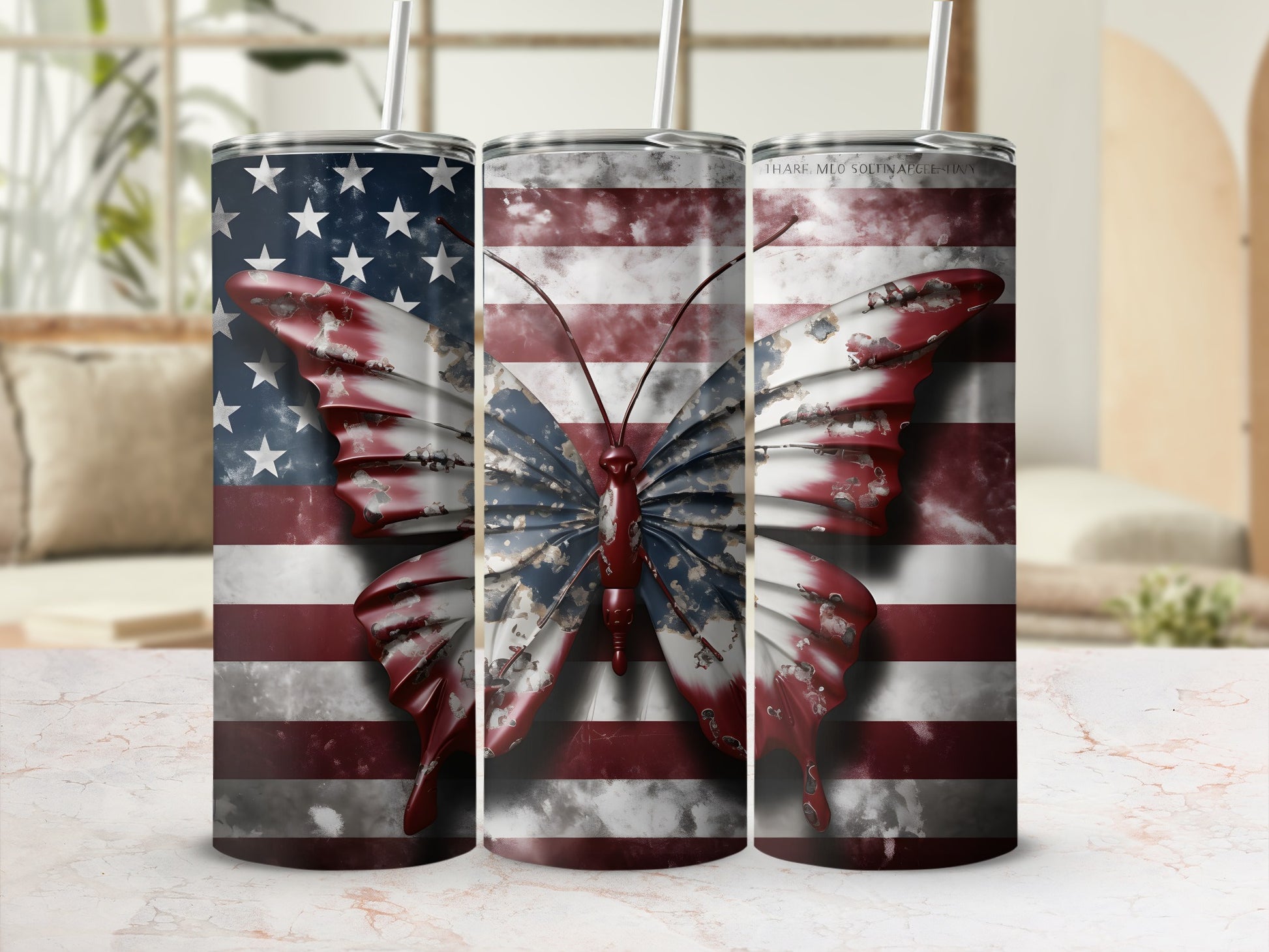 Butterfly with American flag wings and stars, on white desk.