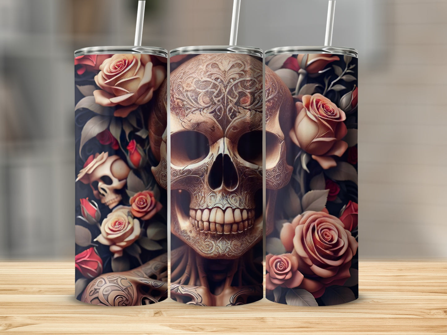 Skull and roses tumbler with intricate design.