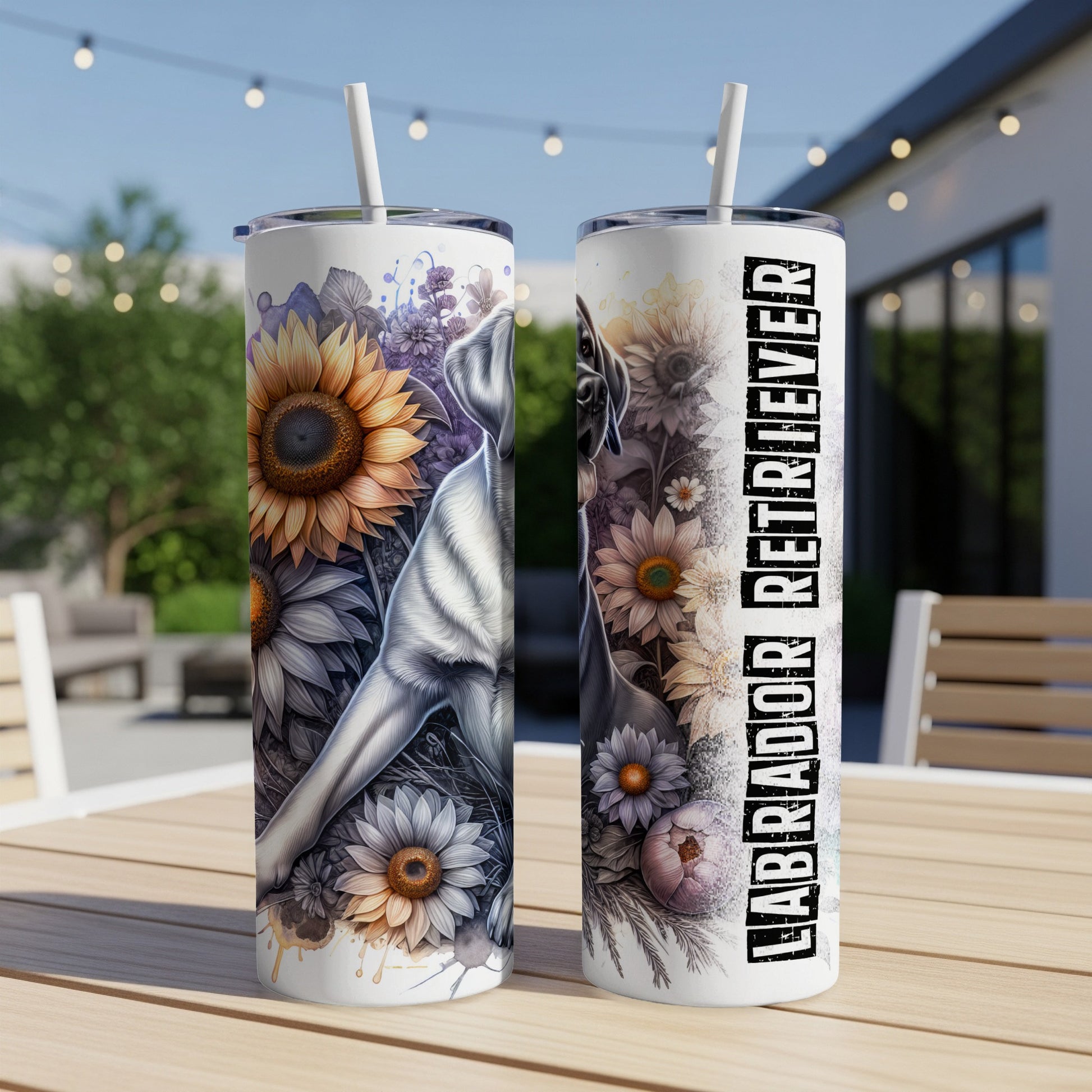 Labrador Retriever with sunflowers design on a white tumbler with straw.