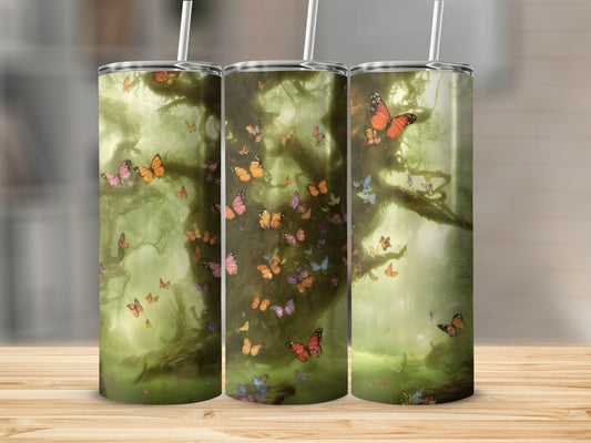 Three tumblers featuring a forest scene with colorful butterflies and trees.