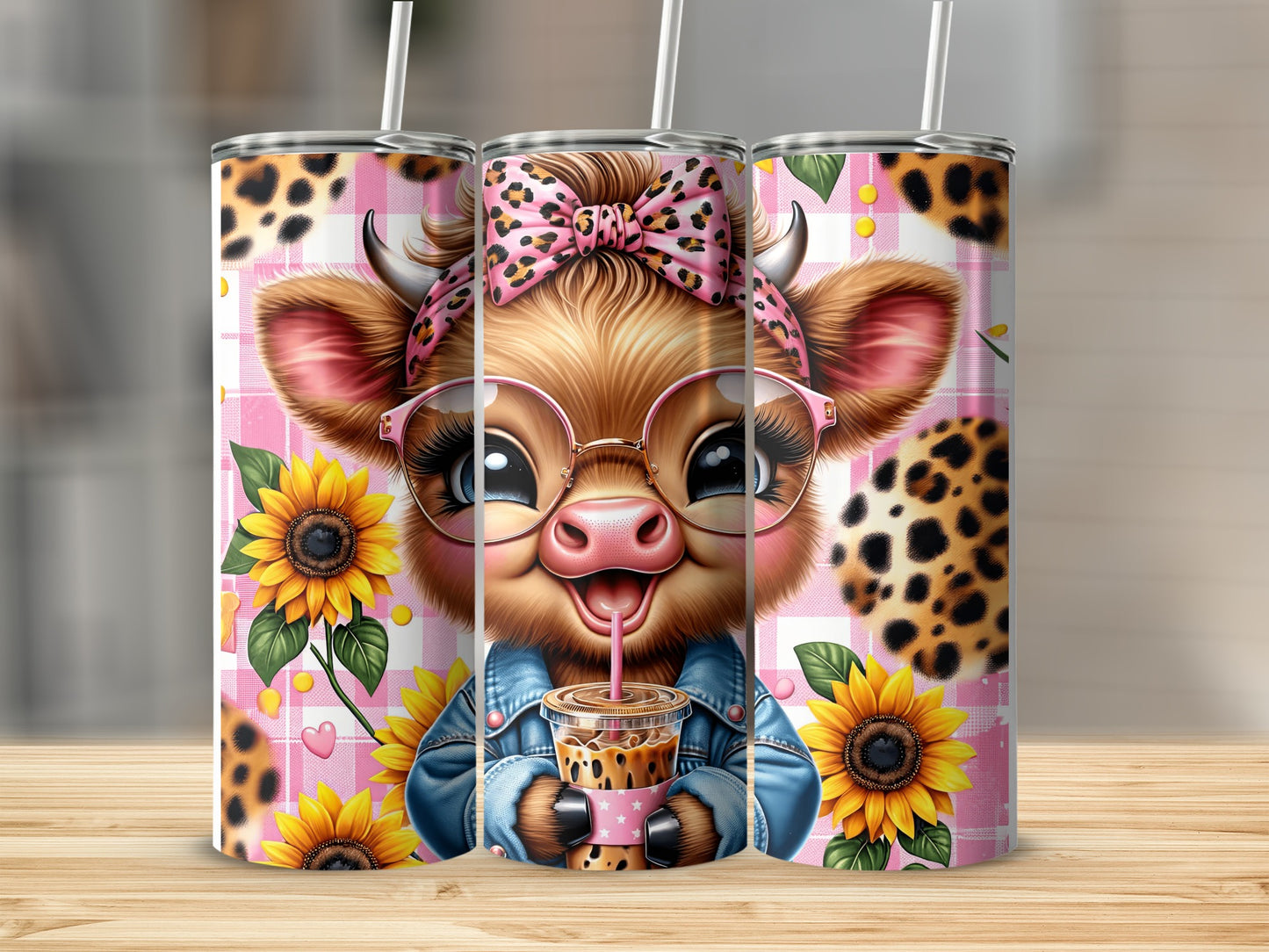 Cute cow wearing glasses and denim jacket holding iced coffee, with sunflowers.