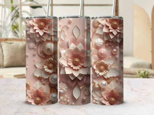 Pink floral tumbler with pearl and gold embellishments.