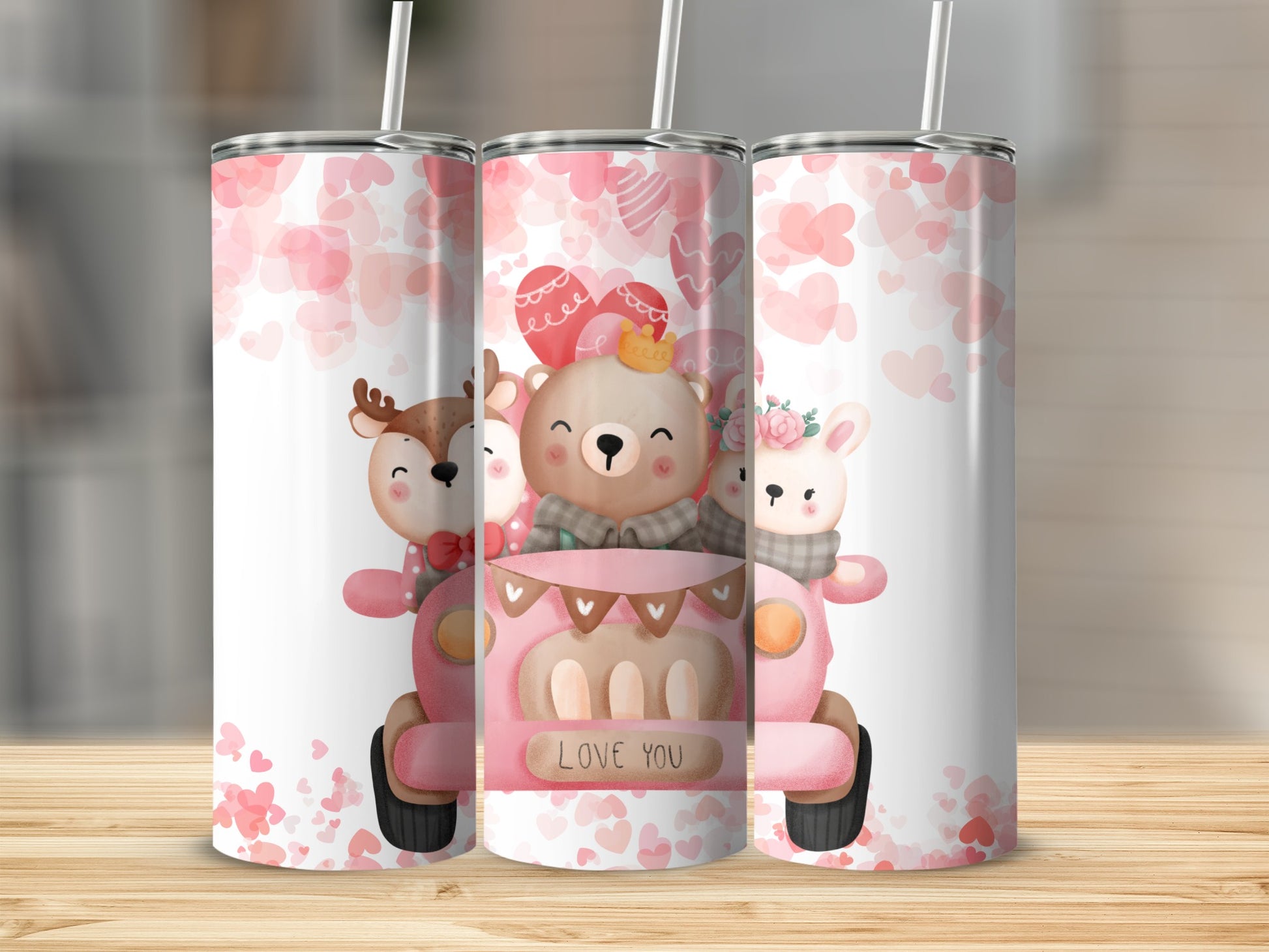 Cute Bear and Friends Love You Pink Tumbler