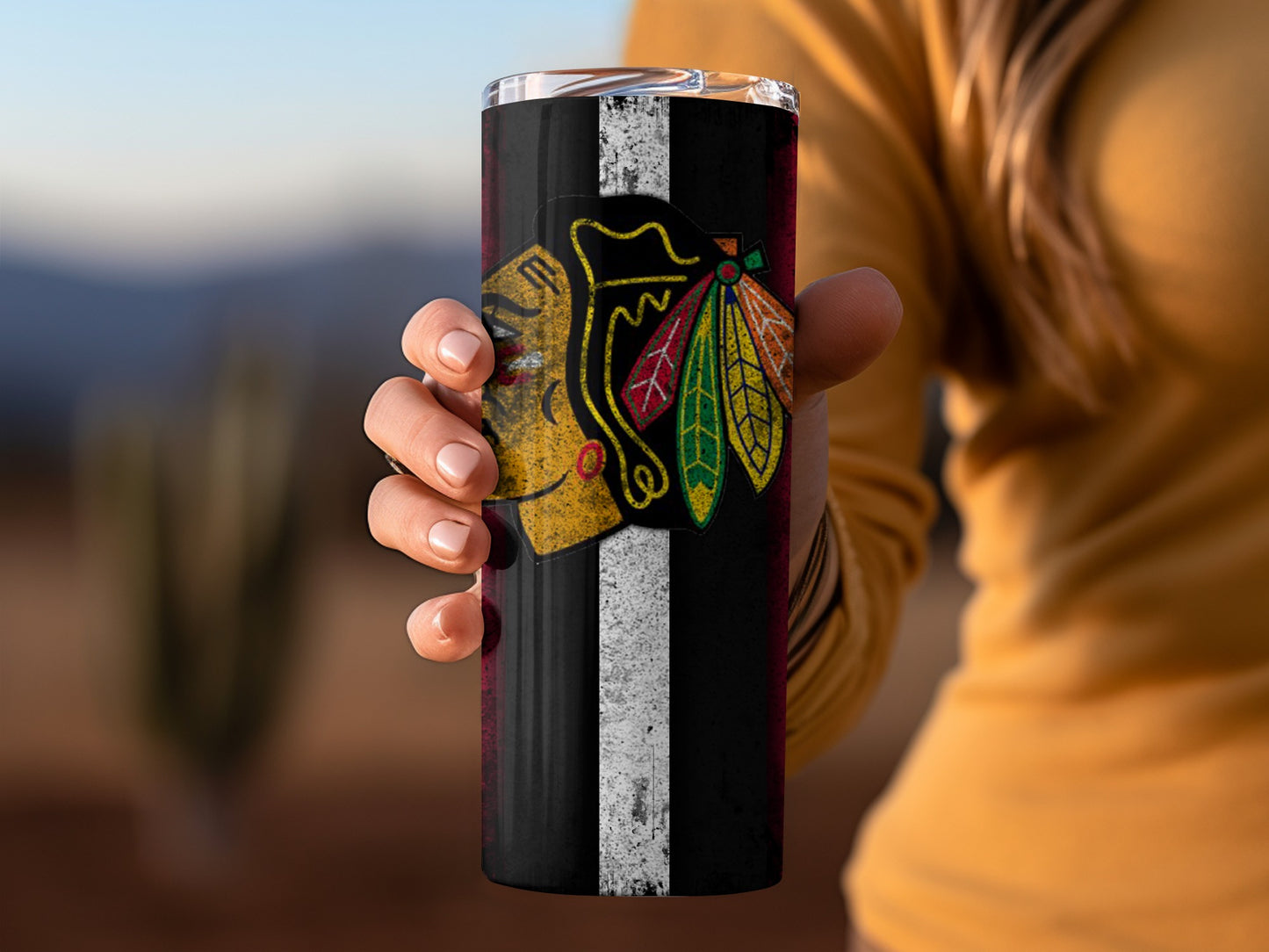 Black White Stripe Tumbler with Colorful Feather Design