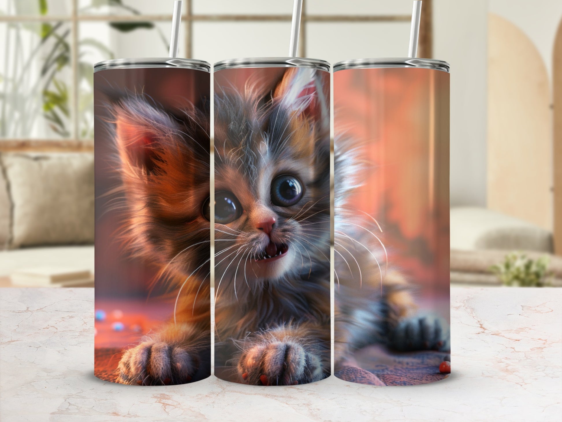 Three tumblers featuring a fluffy kitten with wide blue eyes.