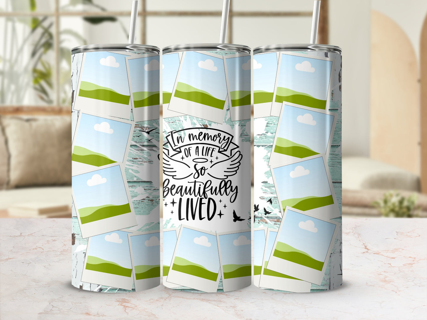 Three tumblers with "In memory of a life so beautifully lived" text and photo frames.