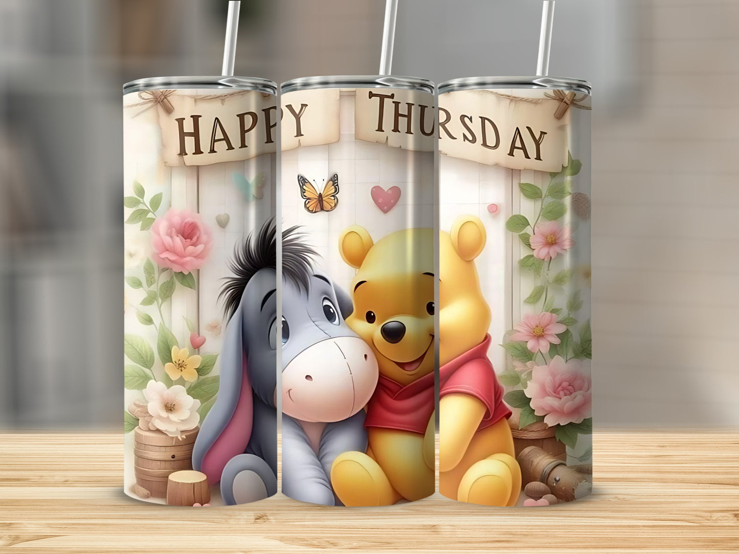 Happy Thursday Winnie the Pooh and Eeyore Illustration Tumblers