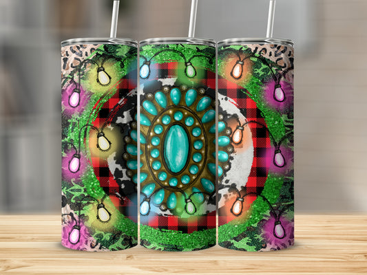 Christmas lights, turquoise stone, and plaid pattern on a skinny tumbler.